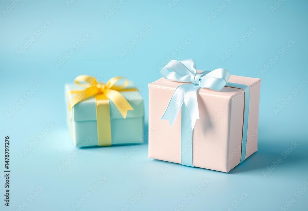 Obraz premium Two pastel gift boxes, delicately wrapped, on a soft blue background, object, product