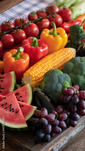 Bright mix of fruit and vegetables on wooden surface with blue backdrop