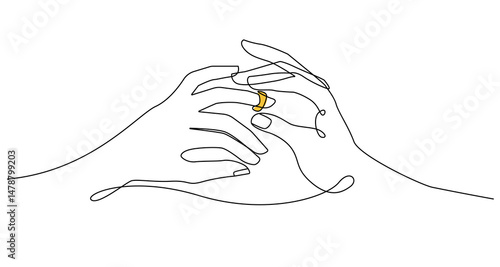 Hands with Wedding Ring One Line Art Drawing. Minimalistic Linear Illustration of Hand with Wedding Ring. One Line Vector Art for Modern Design.
