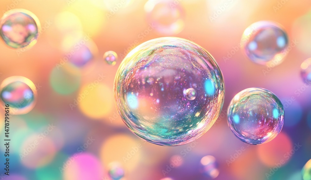 Colorful soap bubbles, iridescent and ethereal. A multitude of translucent spheres, reflecting vibrant hues. A bokeh effect blurs the background, creating a soft focus Colorful soap bubbles, iridescent and ethereal. A multitude of translucent spheres, reflecting vibrant hues. A bokeh effect blurs the background, creating a soft focus