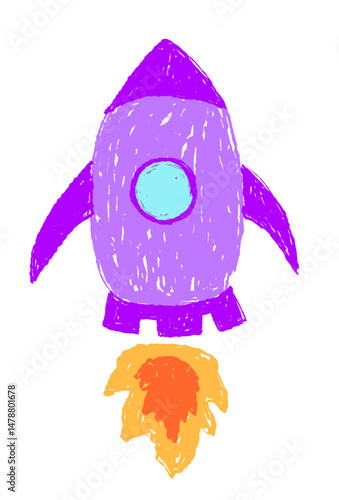 Childlike space rocket with fire drawn with crayon or wax pencil texture