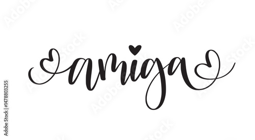 Amiga in playful handwritten script. A sweet and simple design perfect for best friend stickers, greeting cards, t-shirts, mugs, and scrapbooking. Ideal for Cricut and Silhouette projects. Vector desi