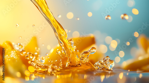 Refreshing splash of juice with vibrant colors and blurred background, perfect for summer beverage promotions.