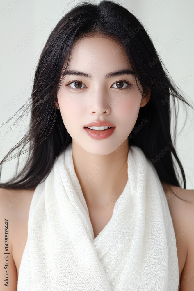 Naklejka premium Young woman elegant Korean beauty long hair white scarf natural makeup young elegant Korean woman with long hair and natural