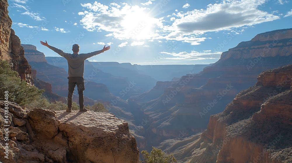 Man with outstretched arms at Grand Canyon's edge Man with outstretched arms at Grand Canyon's edge
