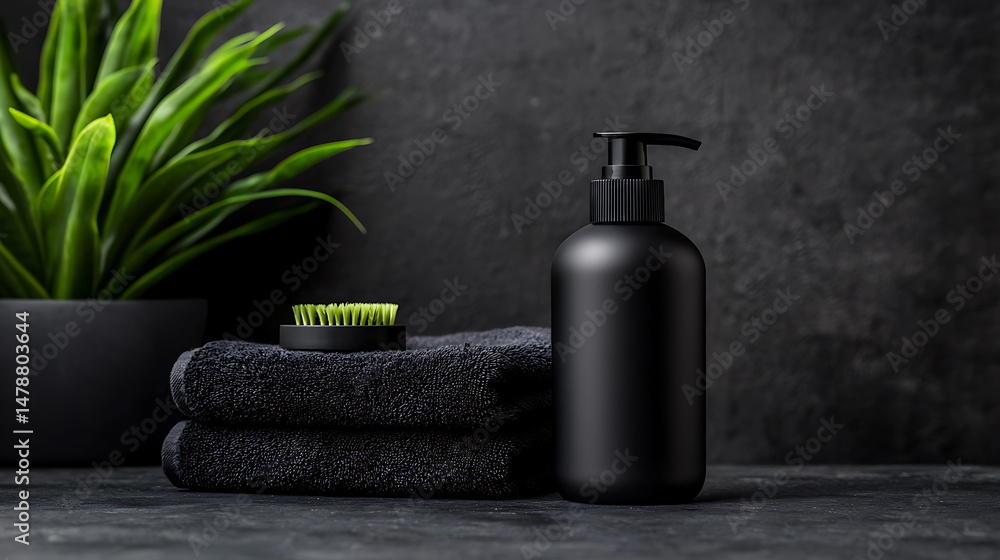 Black matte shampoo bottle mockup on dark gray bath with towels and plant, creating modern and elegant atmosphere Black matte shampoo bottle mockup on dark gray bath with towels and plant, creating modern and elegant atmosphere