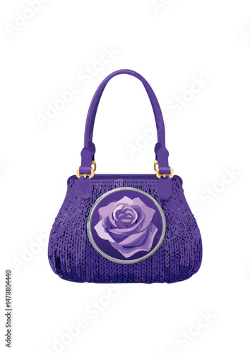 Women's handbag, purple, square strap, knitted with wool, round handle, with 3 small roses pattern,A beautiful handbag can be an investment piece, a treasured heirloom, and a faithful companion throug