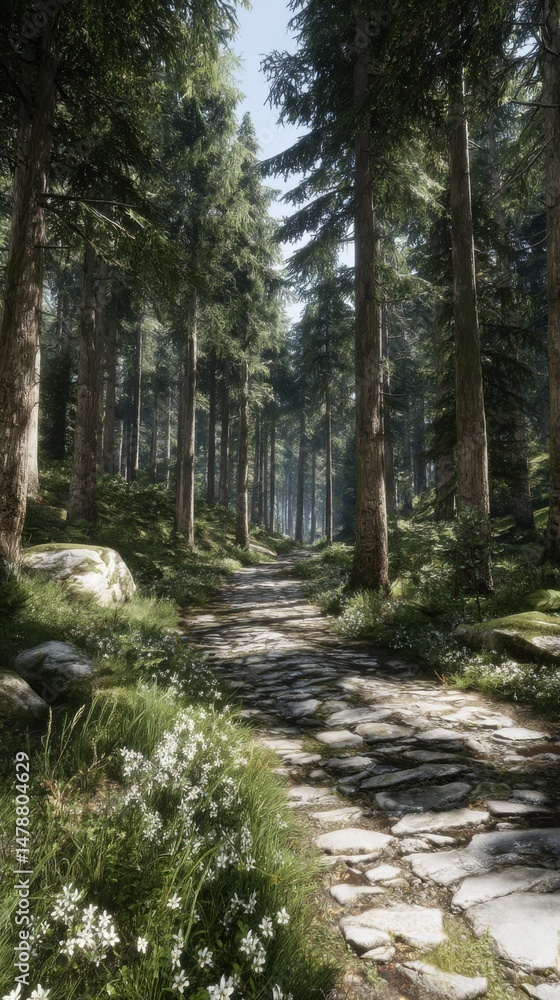 Fototapeta premium Tranquil pathway through a lush evergreen forest, eye-level perspective, natural light, peaceful scene, idyllic nature