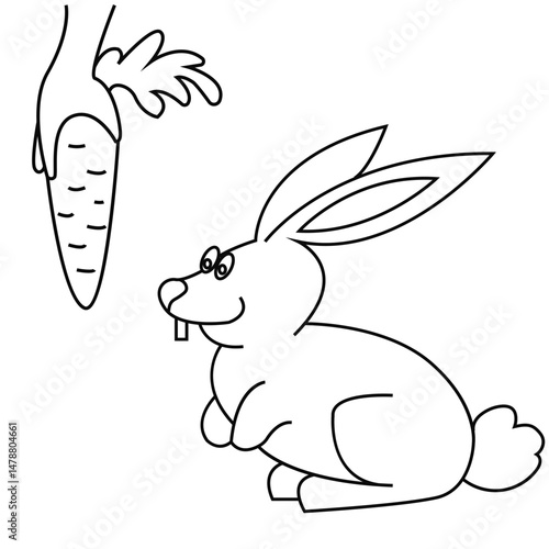 Hare, rabbit and carrot line art isolated on white background. Gift of the forest. Vector illustration