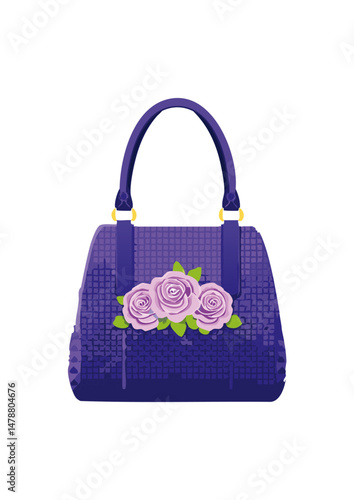Women's handbag, purple, square strap, knitted with wool, round handle, with 3 small roses pattern,A beautiful handbag can be an investment piece, a treasured heirloom, and a faithful companion throug