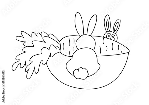 Hare, rabbit and carrot line art isolated on white background. Gift of the forest. Vector illustration