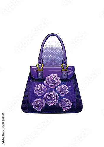 Women's handbag, purple, with strap, knitted with wool, round handle, with rose pattern. a top handle and often a shoulder strap, the satchel evokes a sense of classic elegance and practicality