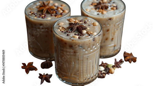 Indian ragi malt drink with jaggery and cardamom, served in rustic tumbler, floating PNG