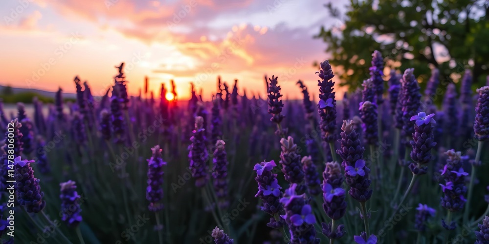 Naklejka premium Sunset illuminates vibrant purple lavender blossoms in Provence, France, france, bloom