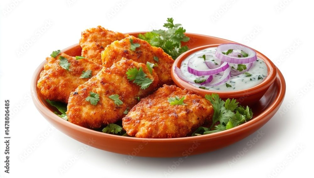 Crispy fried chicken pieces served with yogurt sauce and sliced red onion Crispy fried chicken pieces served with yogurt sauce and sliced red onion