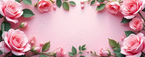 Intricate rose & leaf frame, pastel pink hues, soft focus , background, pink roses