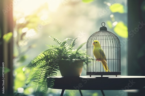 A yellow canary sits in a cage near a fern plant, bathed in sunlight, evoking feelings of freedom and confinement.