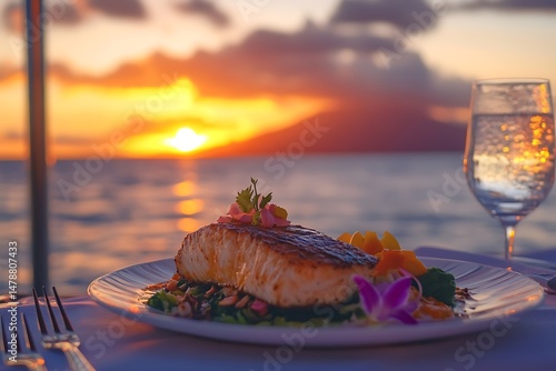 Fresh fried salmon steak baked with vegetables garnished fish fillet seafood on wooden board delicious meal dinning table on the upper deck in luxurious yacht cruise ship sea