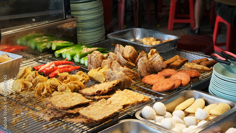 Αυτοκόλλητο a display of Yong Tau Foo, a Hakka Chinese dish popular in Southeast Asia
