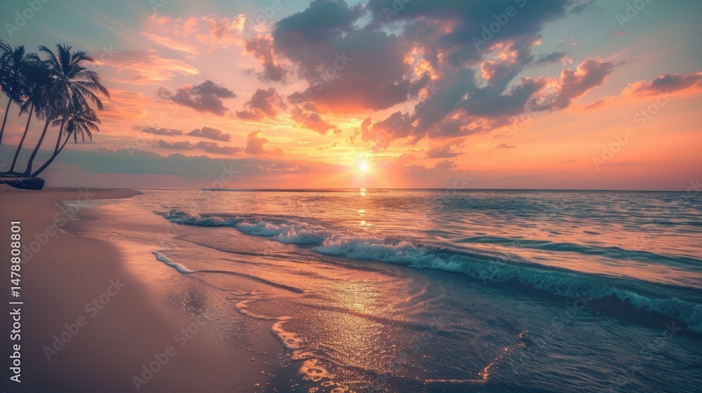 Obraz premium serene sunset over a tranquil beach, soft waves lapping the shore