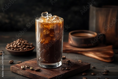 Ice americano black coffee cold brew beans in glass on wood table close up popular iced coffe menu in the summer at cofee shop copy space