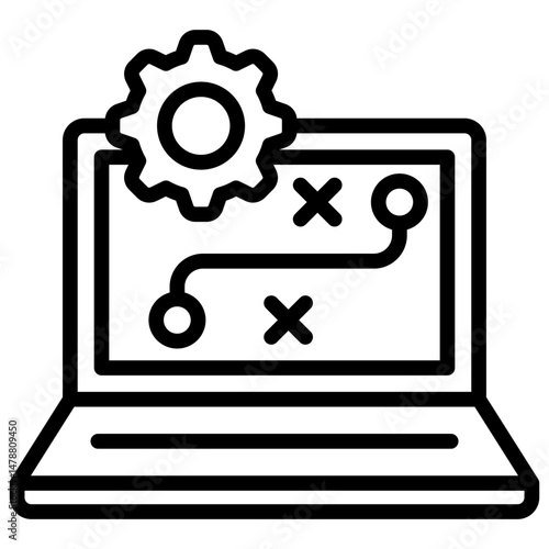Digital Plan - laptop with gear and route markers, indicating online or digital strategy planning
