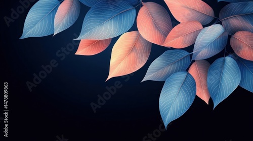 Elegant Blue and Peach Leaves Dark Background