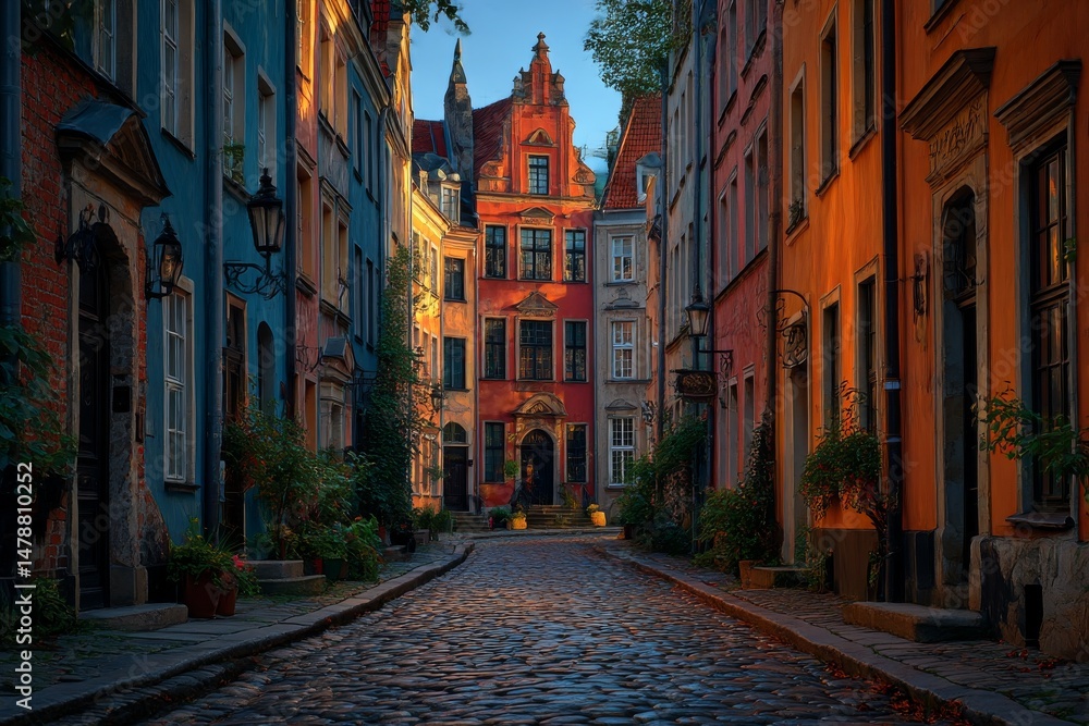 Obraz premium Cobblestone Street View of Historic Architecture with Colorful Buildings in Gdansk, Poland, at Golden Hour