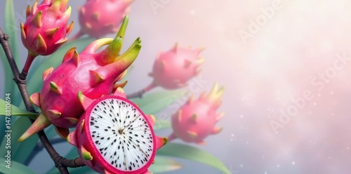 Delicate pink dragon fruit blossoms, watercolor style , fruit, set
