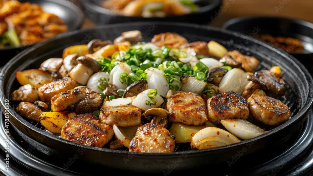 Sizzling meat and colorful vegetables on hot plate create delicious and vibrant meal experience. Sizzling meat and colorful vegetables on hot plate create delicious and vibrant meal experience.