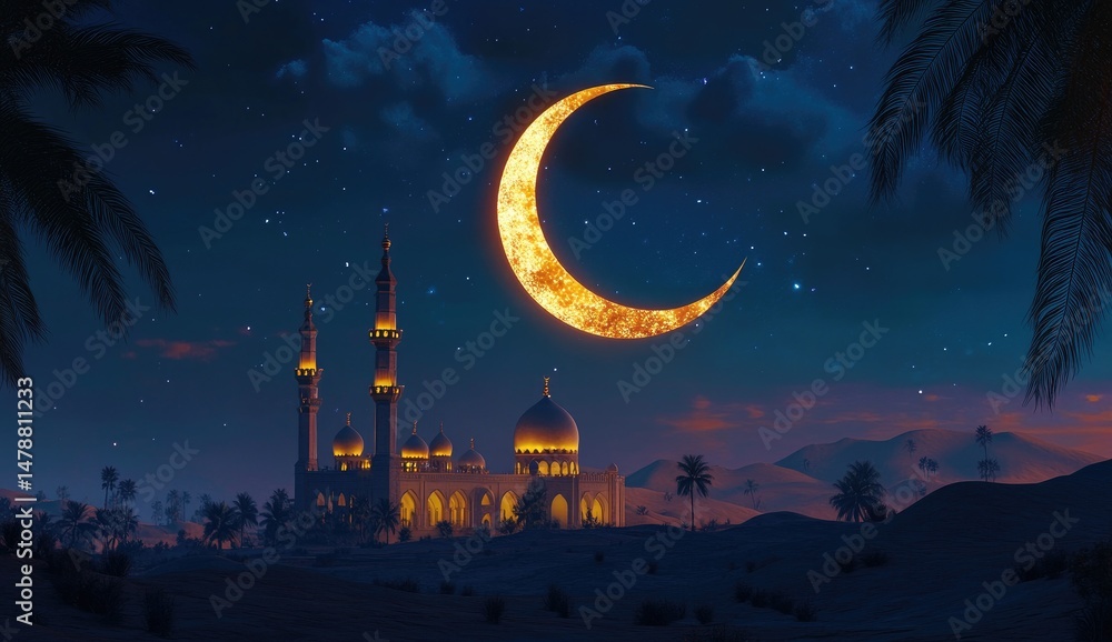 Naklejka premium Mosque at night under crescent moon. Desert oasis with palm trees and a mosque bathed in warm light. Starry night sky