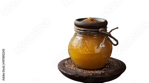 Mexican aguamiel sweet sap drink in clay jar with sugarcane stick, stylized view