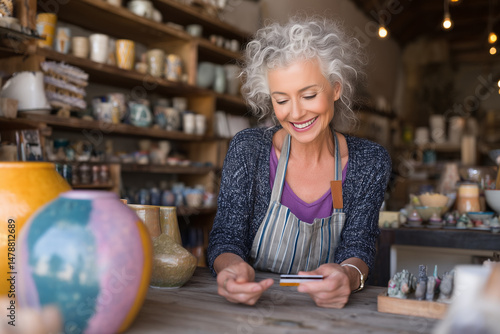 Happy mature craftswoman holding credit card while making online purchase in her pottery workshop