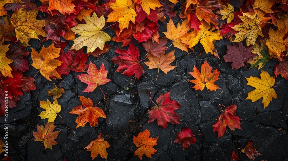 Fototapeta premium Colorful autumn leaves scattered on a dark stone surface creating a beautiful seasonal display
