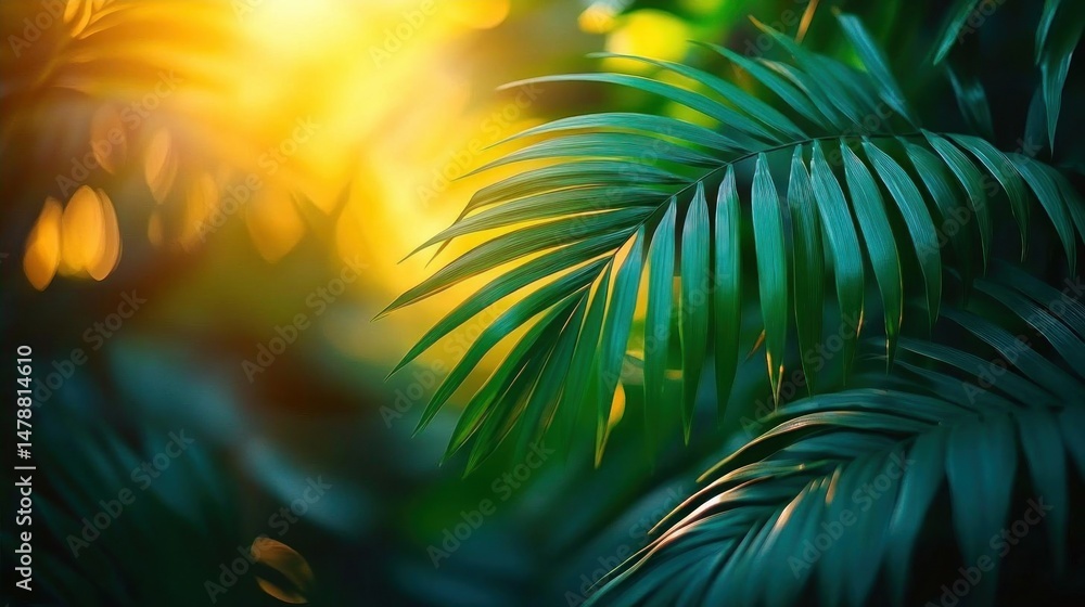 Obraz premium Tropical Palm Leaves Sunlight Golden Hour Nature