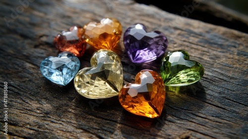 Colorful Heart Shaped Gems on Rustic Wood Surface Close Up Still Life Love and Romance Concept Valentines Day Gift Idea