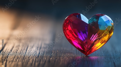 Faceted Crystal Heart on Wood Surface Close Up - Symbol of Love Affection Romance Valentine's Day Gift Idea