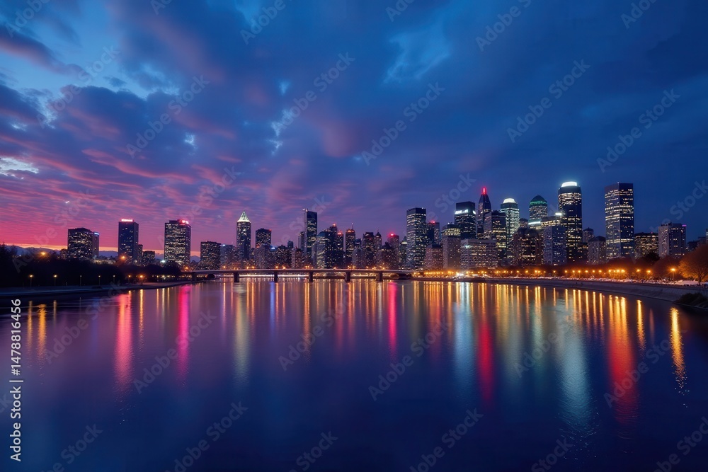 Fototapeta premium Montreal's illuminated cityscape at dusk, Saint Lawrence River, photography, cityscape, golden hour