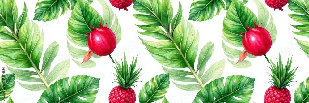 Obraz premium Seamless watercolor pitaya & palm leaf pattern , greenery, dragon fruit