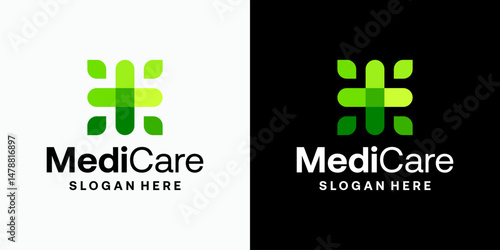 Leaf shape medical cross vector logo design with modern, simple, clean and abstract style. Icon for business, health care, herbal and personal branding.