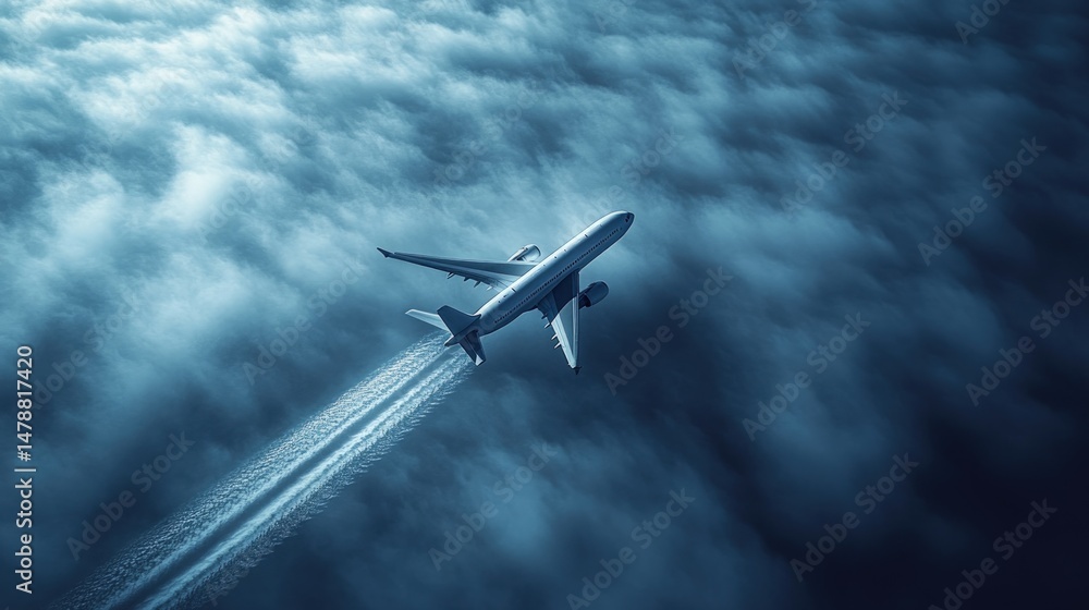 Airplane soaring through a vast cloudy sky Airplane soaring through a vast cloudy sky