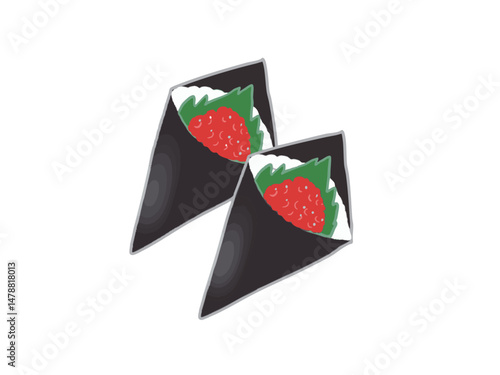 Illustration of hand-rolled sushi with salmon roe and shiso leaves as ingredients