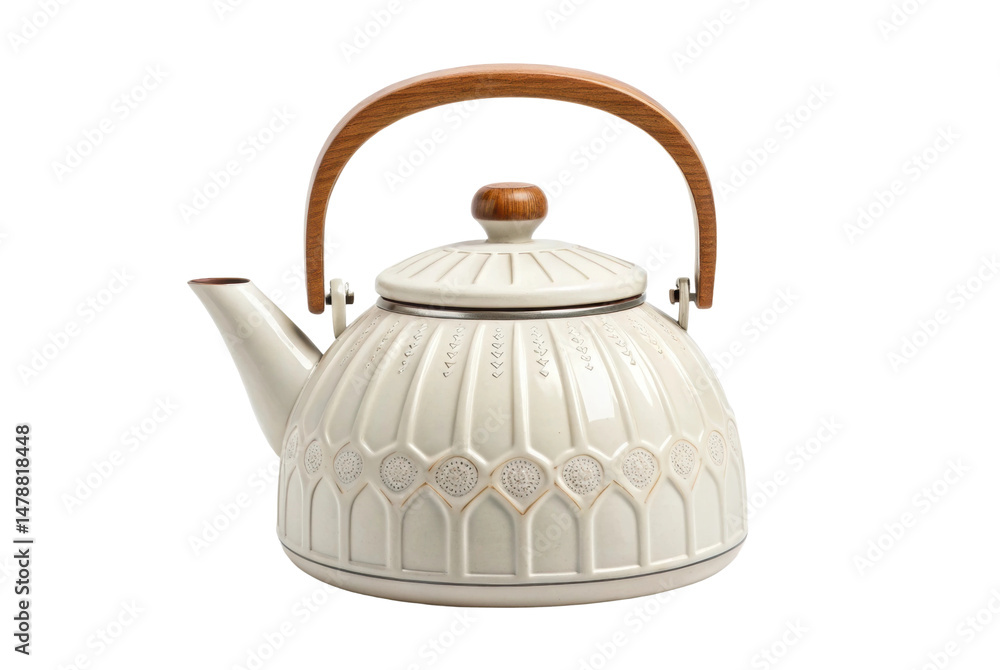 Fototapeta premium PNG Elegant ceramic teapot with wooden handle and intricate pattern design