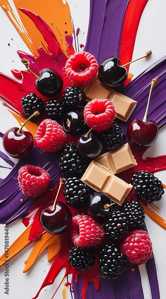 Obraz premium Colorful assortment of fresh berries and cherries with caramel cubes on vibrant abstract purple and red background, creating a vivid and appetizing modern food concept