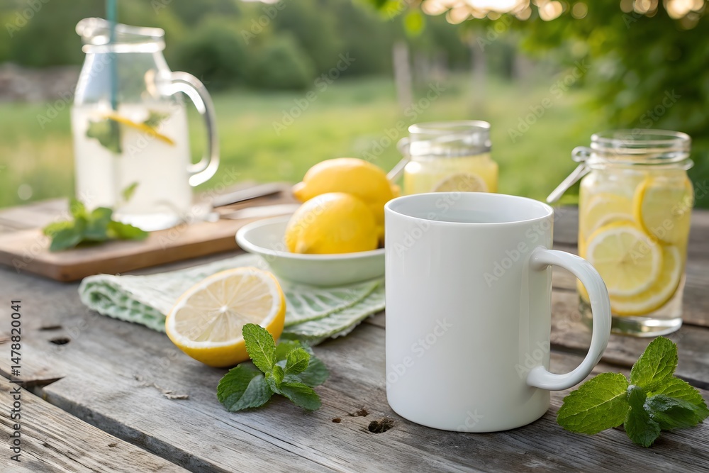 White Mug and Fresh Lemonade with Mint on Rustic Wooden Table Outdoors with Lemons, Mason Jars, and Summer Garden Background White Mug and Fresh Lemonade with Mint on Rustic Wooden Table Outdoors with Lemons, Mason Jars, and Summer Garden Background