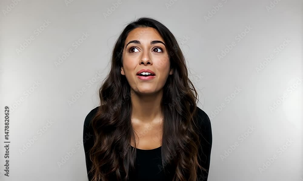 Surprised woman with open mouth and long wavy hair Surprised woman with open mouth and long wavy hair