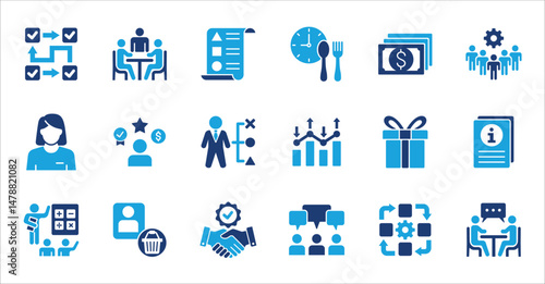 Management and business icon set. Contains symbol of businessman, target, finance, lunchtime, success, hierarchy, data, reward, work, money, employee, task, shop, meeting, job. Vector illustration