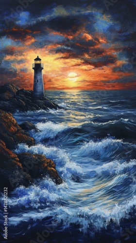 Lighthouse stands guard on rocky coast at sunset painting style landscape ocean view