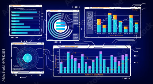Futuristic multi-frame chart HUD element with digital interface design. Perfect for data dashboards, sci-fi UI, virtual screens, analytics panels, and modern tech visualization in vector style.