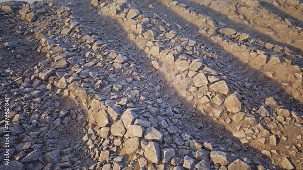 Fototapeta premium Rocky tracks, diagonal grooves cut through small rocks, textured surface, sandy hues